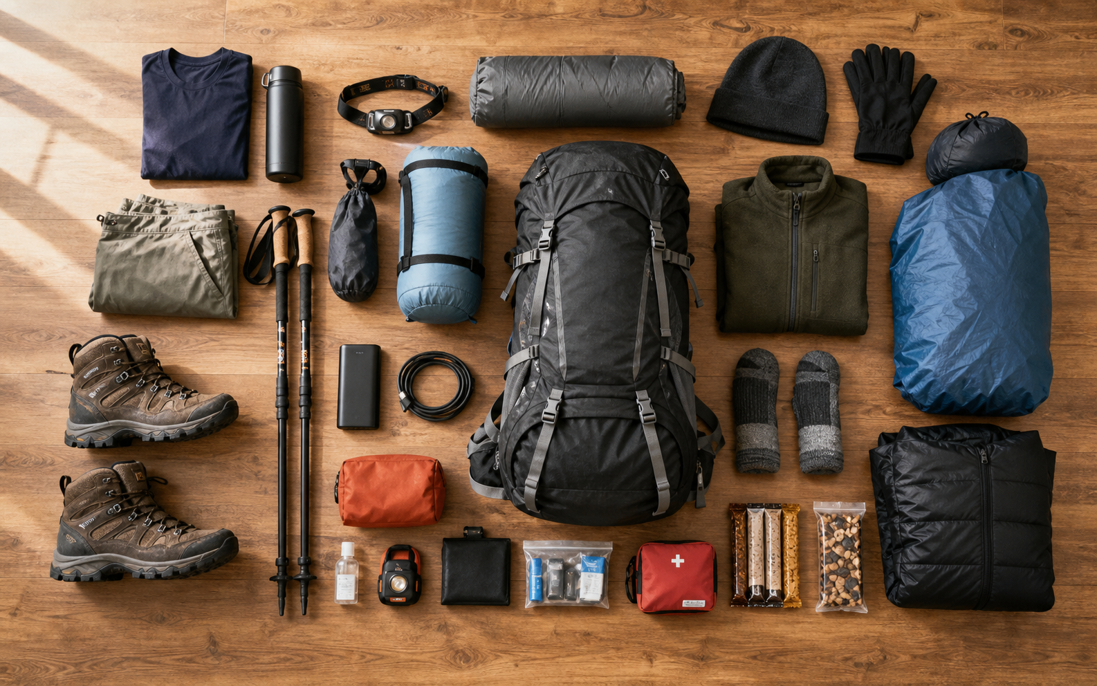 Top-down flat lay of trekking gear arranged around a backpack